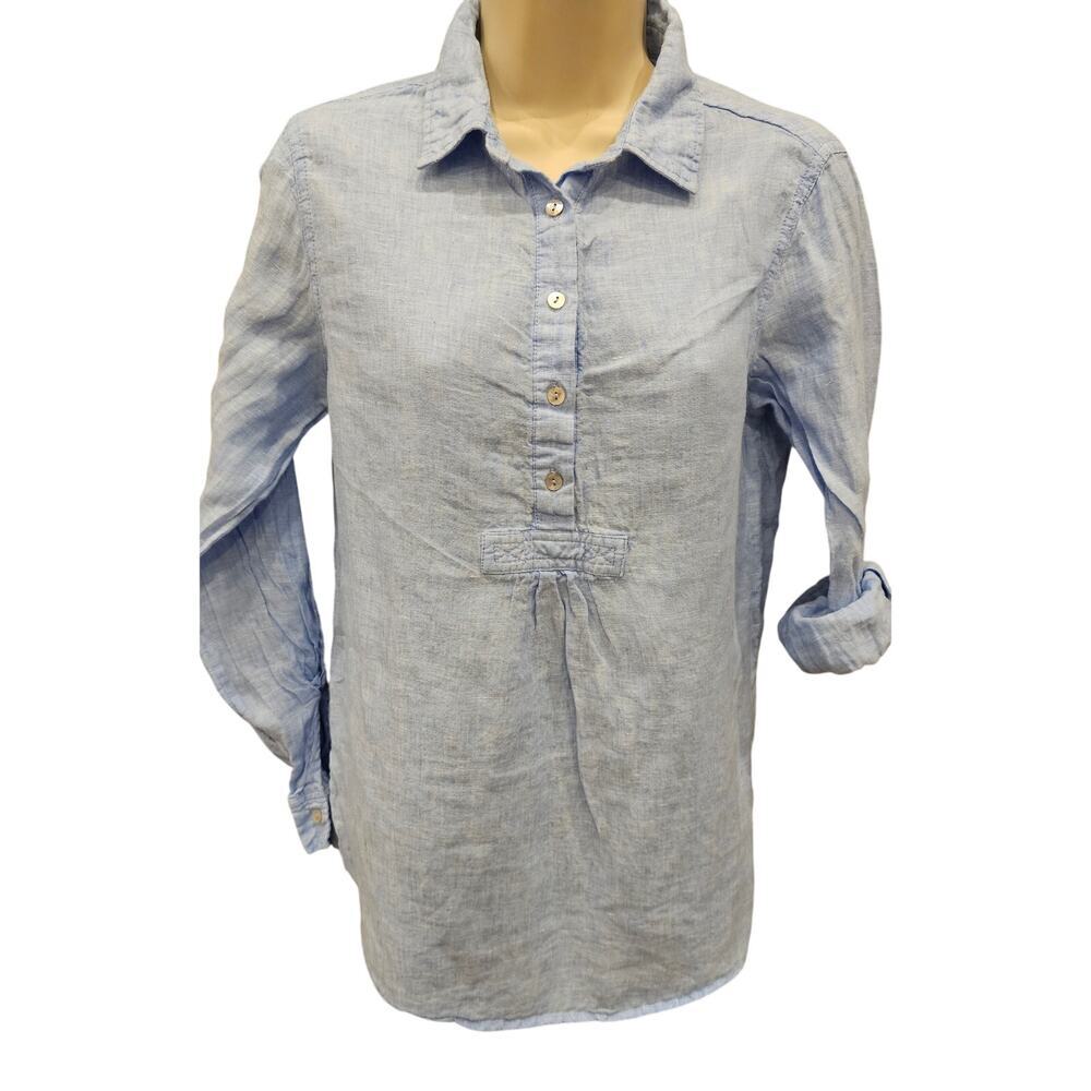 St Tropez blue linen popover tunic roll tab sleeve EUC career casual minimalist